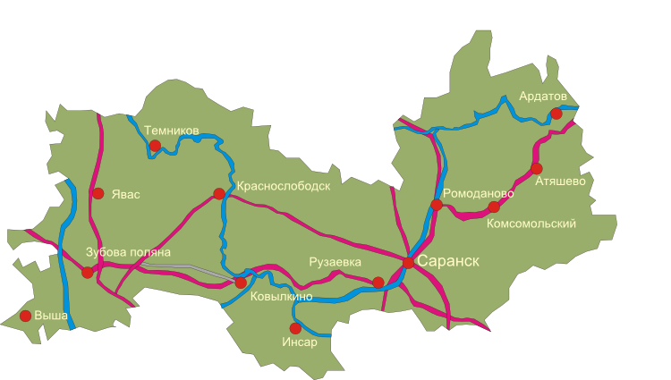 карта автодорог мордовия, карта железных дорог республики мордовия